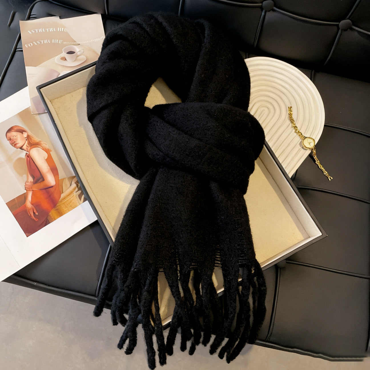 Scarf Winter Thicken Thermal Solid Color Mohair Shawl Large Mohair Black