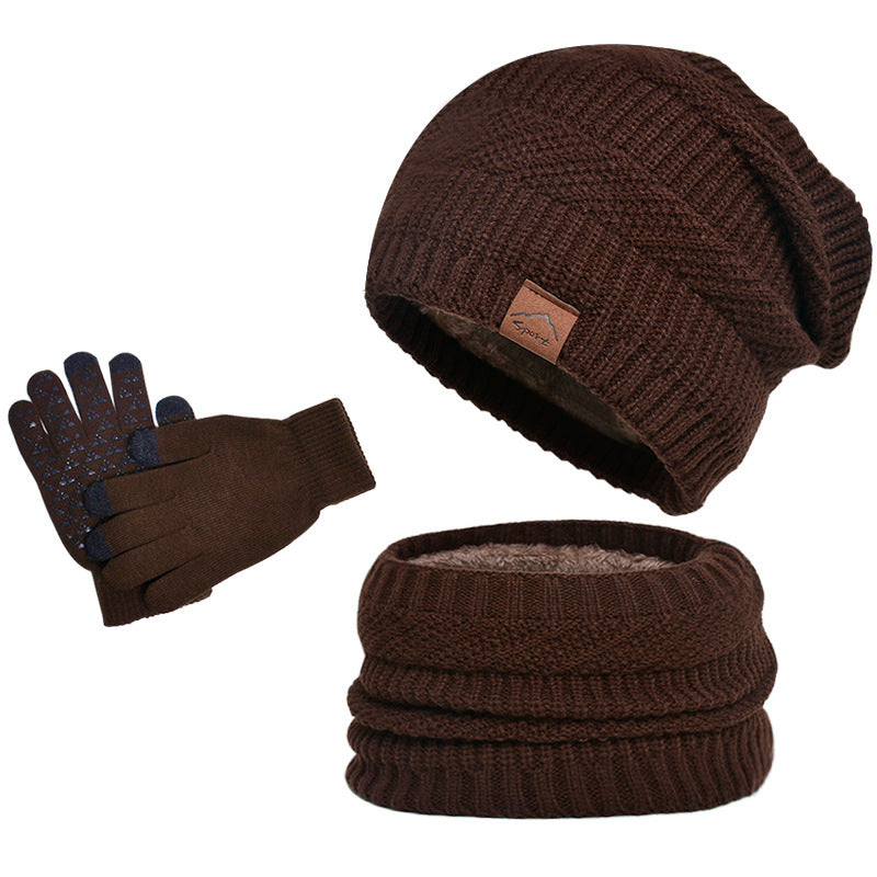 Winter Fleece-lined Warm Hat Scarf Gloves Three-piece Set Coffee