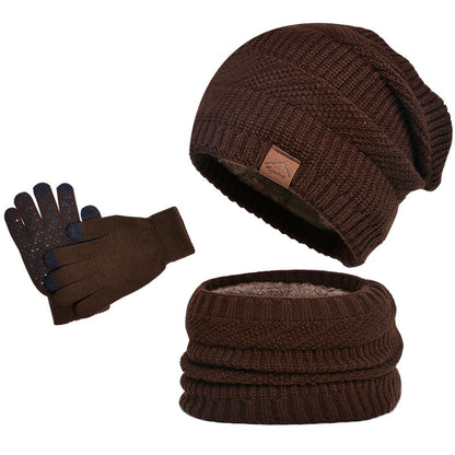 Winter Fleece-lined Warm Hat Scarf Gloves Three-piece Set Coffee