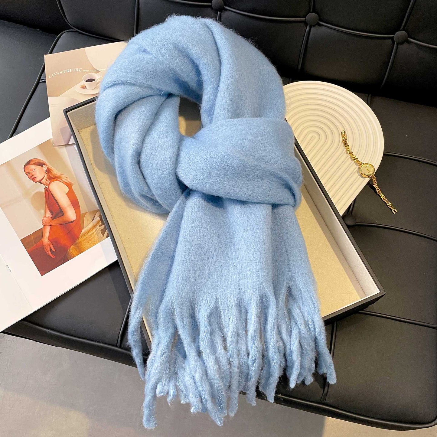 Scarf Winter Thicken Thermal Solid Color Mohair Shawl Large Mohair Klein Blue