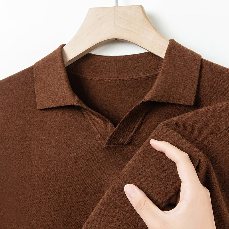 Autumn And Spring Seagull Collar 6 Wool Men's Anti-Pilling Knitted Long Sleeve Polo Shirt Caramel