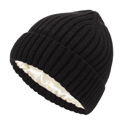Satin Warm All-matching Slipover Knitted Hat Black