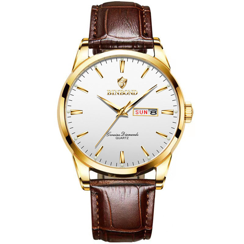 Double Calendar Waterproof Quartz Watch Men Brown Leather White Surface Male Style