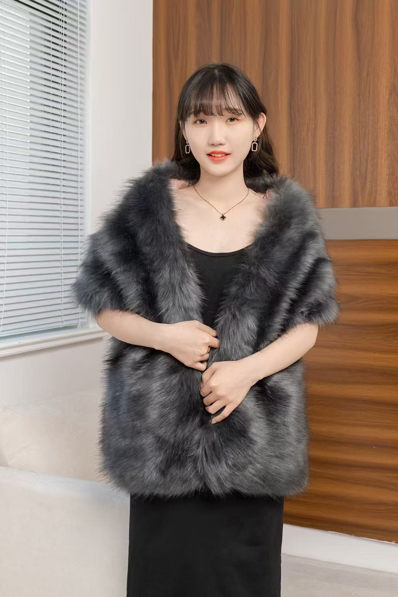 Women's Big Fur Collar Scarf Shawl Gray