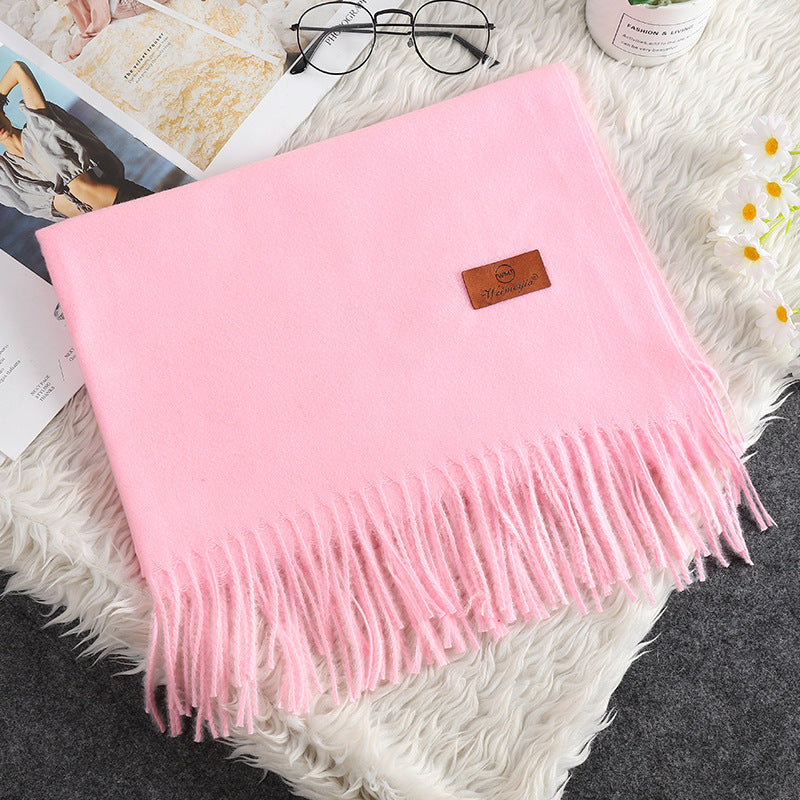 Solid Color Cashmere-like Bristle Scarf Ladies Tassel Warm Gift Glittering Powder 200x70cm