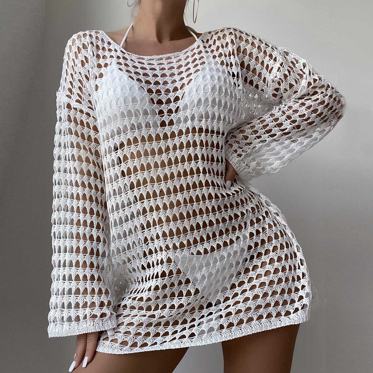 Sexy Knit Hollow Round Neck Beach Dress Women White