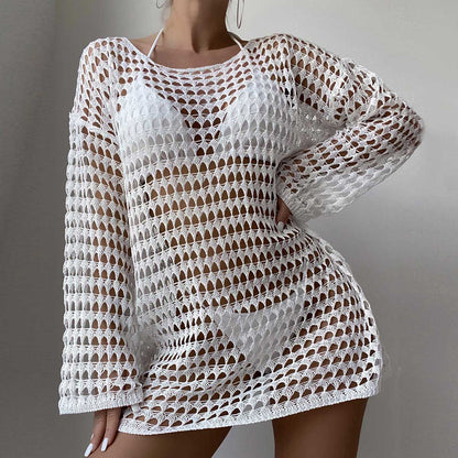 Sexy Knit Hollow Round Neck Beach Dress Women White
