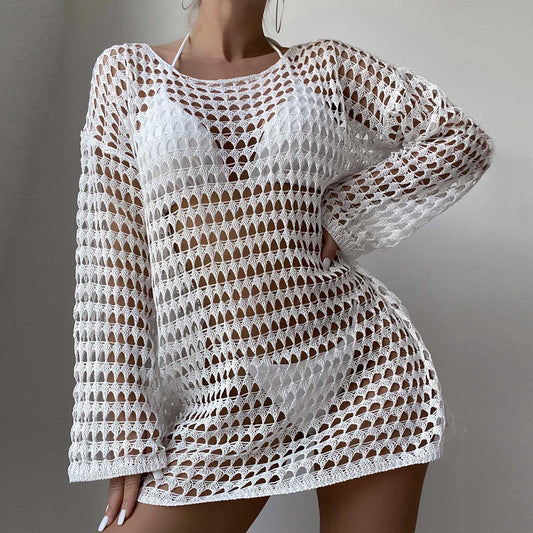 Sexy Knit Hollow Round Neck Beach Dress Women White