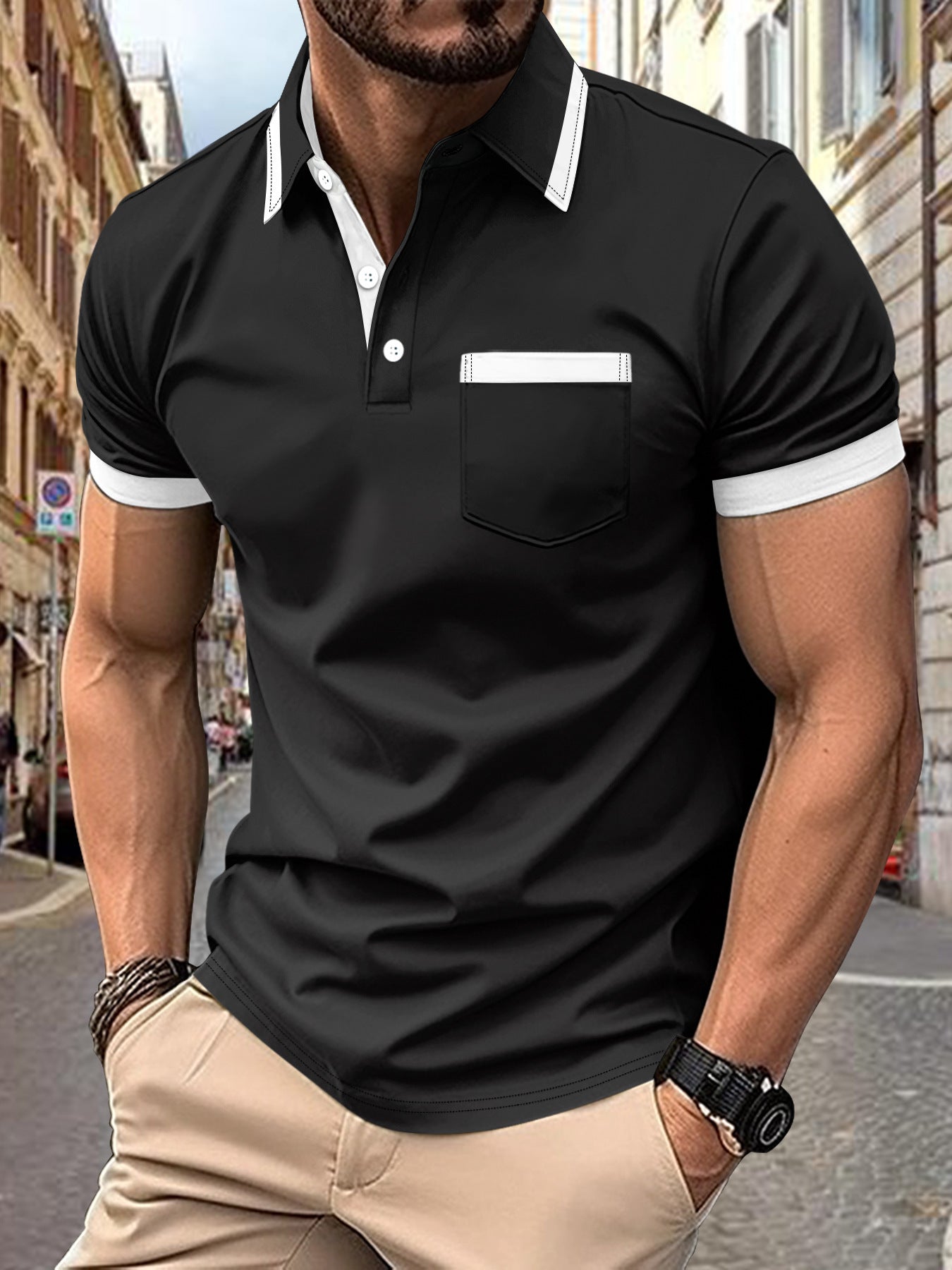 Men's Patchwork Button Pocket Casual Top Black