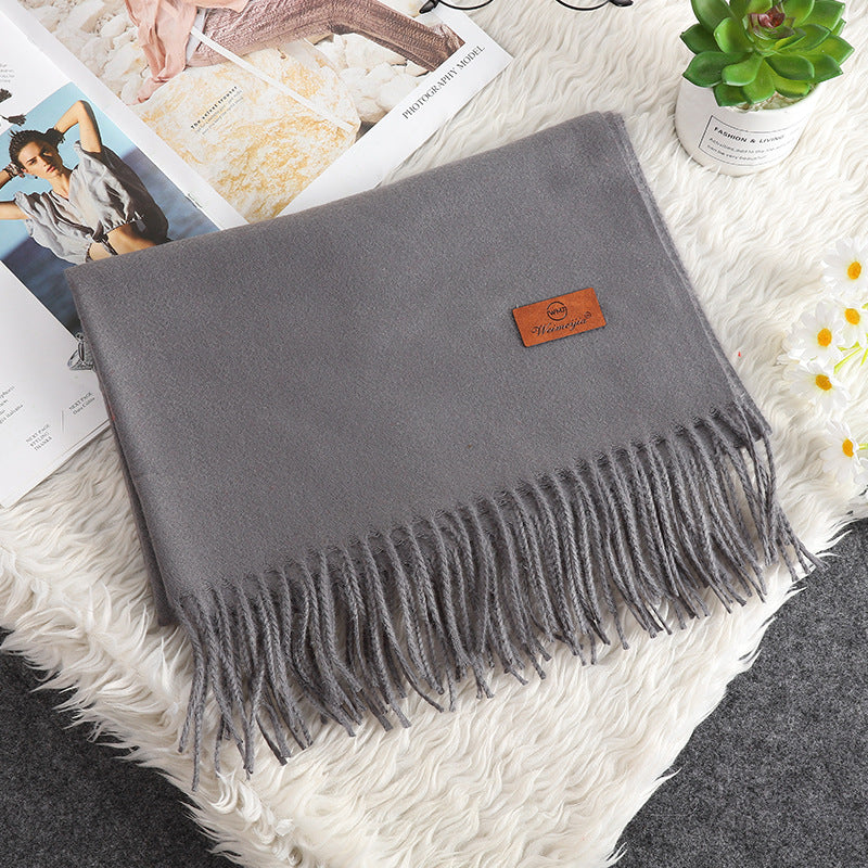 Solid Color Cashmere-like Bristle Scarf Ladies Tassel Warm Gift Dark Gray 200x70cm