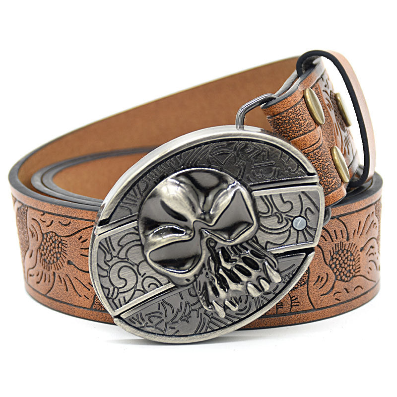 Personality Student Trendy Printing Engraving Smooth Buckle Knife Embossing Belt Skull Brown