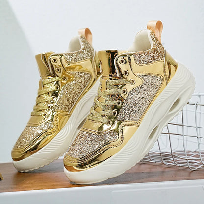 Luxury Women Sport Running Shoes Gold Mens Athletic Training Walking Sneakers Comfortable Light Couple Daily Sports Shoes