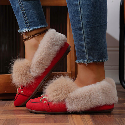 Cotton-padded With Velvet Lightweight And Comfortable Skin-friendly Plush Comfortable Versatile Women's Shoes Red