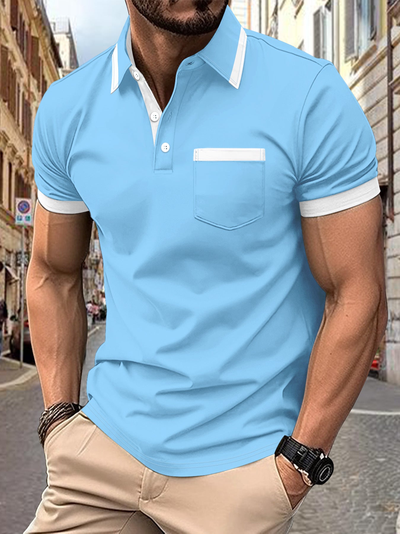 Men's Patchwork Button Pocket Casual Top Sky Blue