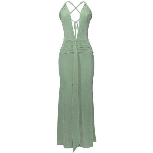 Fashionable Sexy Deep V Backless Solid Color Draped Design Waist-cinching Dress Green D186DS