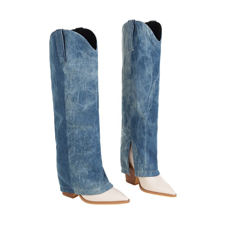 Women's Boots With Pointed Toe And Thick Heel Blue