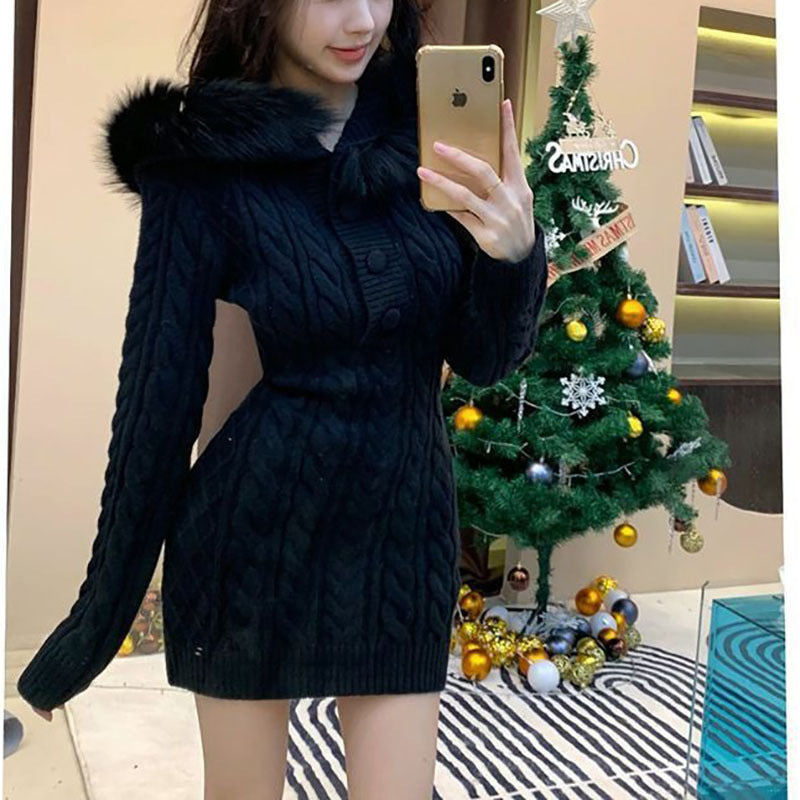 Fur-collar Bodycon Dress New Slim And Slimming Black Free Size