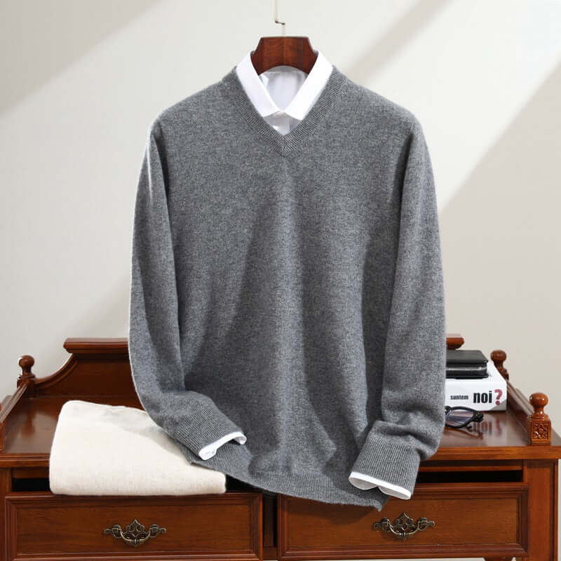Men's Cashmere Sweater Pure Cashmere V-neck Long Sleeve Knitted Sweater Gray