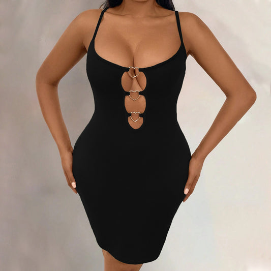 Fashion Low-cut Slim Sexy Hollow-out Spaghetti Strap Dress Black