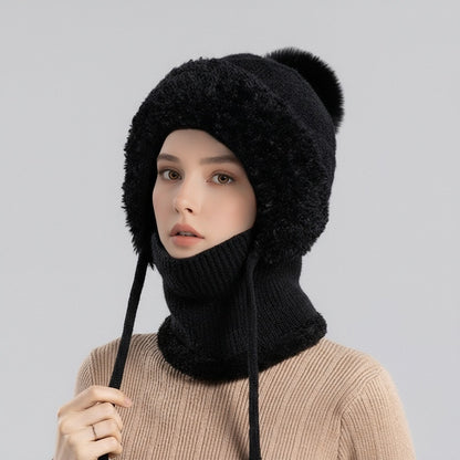 Scarf Integrated Knit Women's Fleece-lined Warm Hat Black