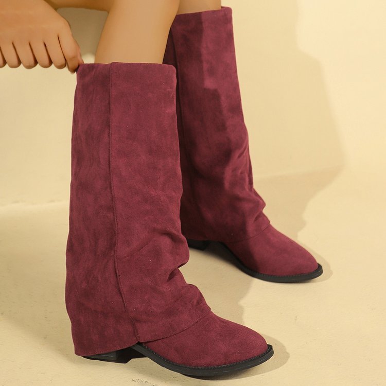 Women's Boots Suede European And American Fashion Outerwear Pointed Toe Chunky Heel Pants Retro Fashion Boots Wine Red
