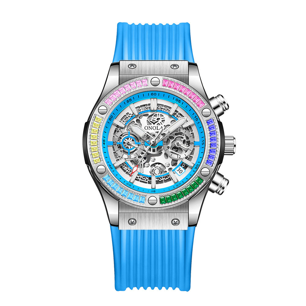 Men's Fashionable All-match Waterproof Multi-functional Quartz Watch Silver Blue