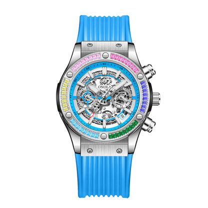 Men's Fashionable All-match Waterproof Multi-functional Quartz Watch Silver Blue