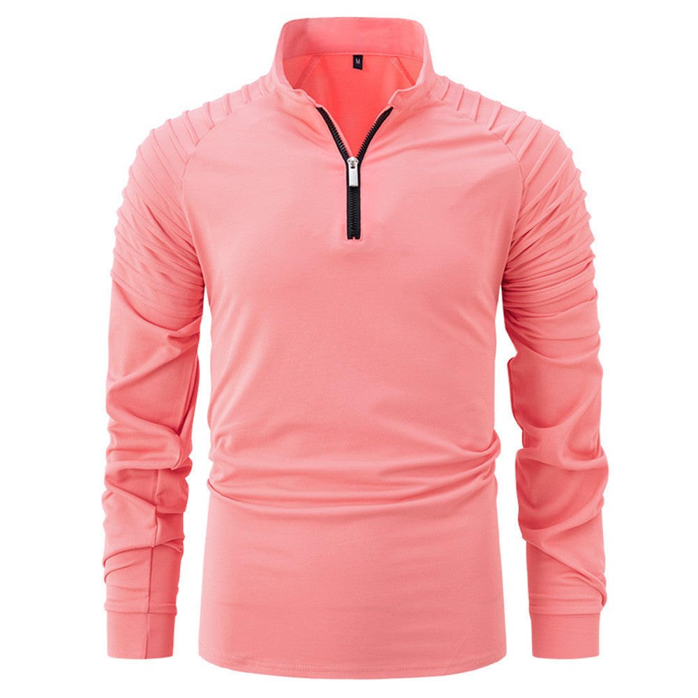 Spring And Autumn Men's POLO Zipper Sports Polo Shirt Pink