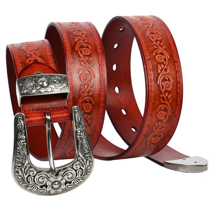 Embossed First Layer Cowhide Men's Mongolian Style Personalized Carved Belt Lucky Red Brown