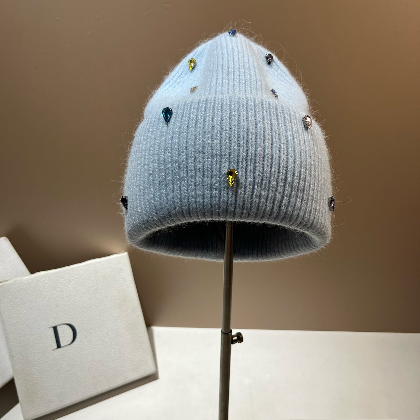 Color Diamond Light Luxury Winter Rabbit Hair Knitted Hat Personality Colorful Light Blue Free Size