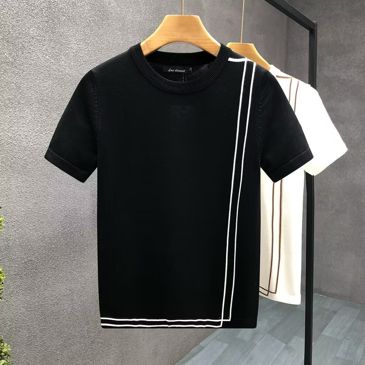 Striped Knitted Ice Silk Short Sleeve Men's Youth Slim Fit Summer High-end Retro T-shirt Black
