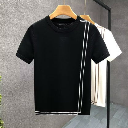 Striped Knitted Ice Silk Short Sleeve Men's Youth Slim Fit Summer High-end Retro T-shirt Black
