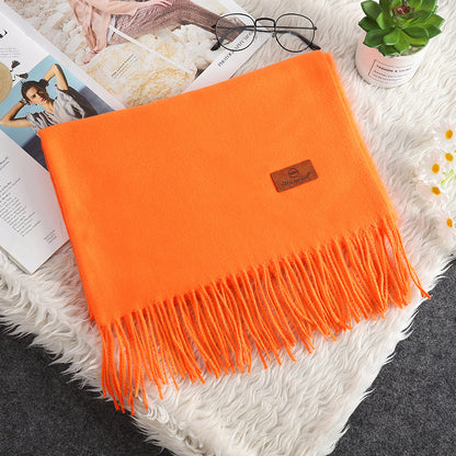 Solid Color Cashmere-like Bristle Scarf Ladies Tassel Warm Gift Orange 200x70cm