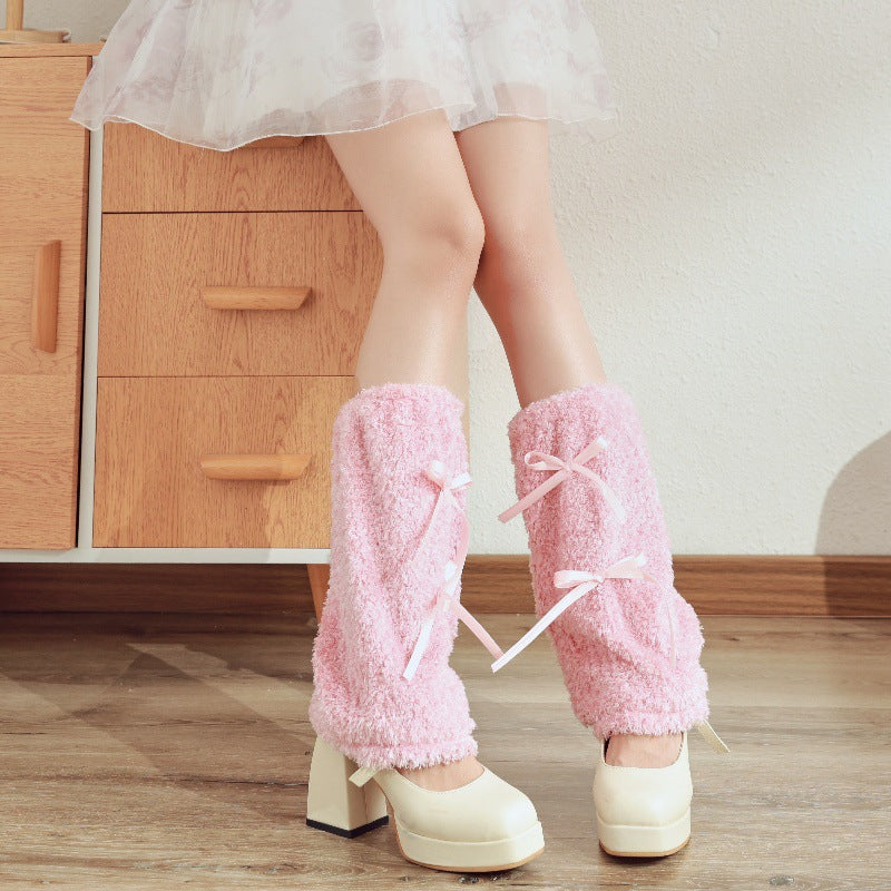 Plush Leg Warmer Autumn And Winter Warm Millennium Bow Foot Sock Pink Average Size