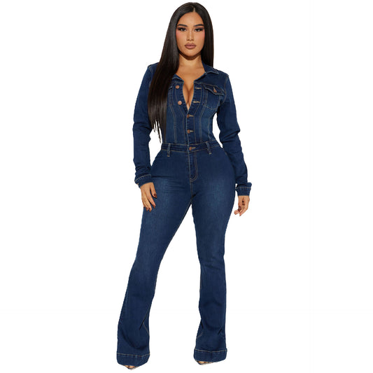 Women's Slim Fit Stretch Denim Jumpsuit Dark Blue