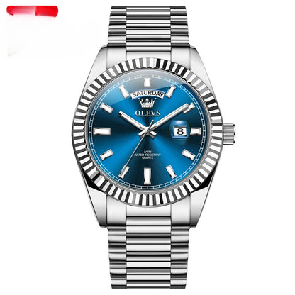 Luminous Waterproof Business Steel Belt Wrist Watch Steel Band Blue