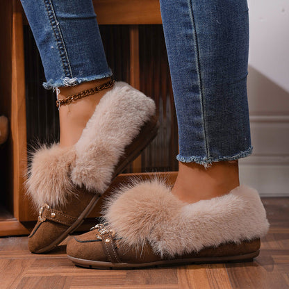 Cotton-padded With Velvet Lightweight And Comfortable Skin-friendly Plush Comfortable Versatile Women's Shoes Dark Brown