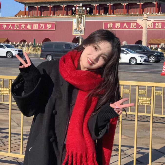 Scarf Winter Thicken Thermal Solid Color Mohair Shawl Small Version Mohair Red