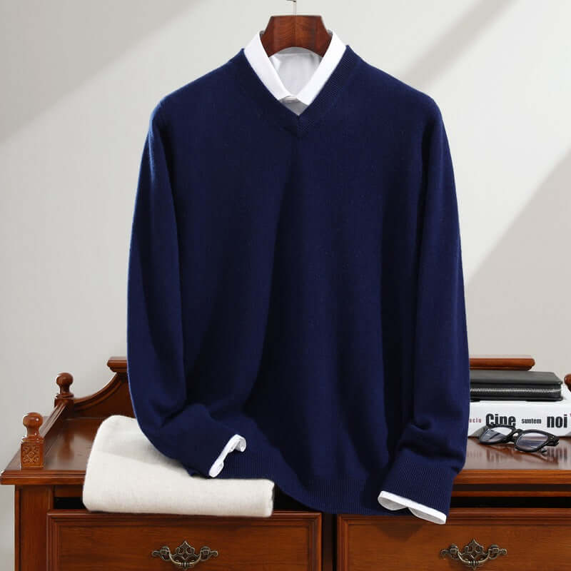 Men's Cashmere Sweater Pure Cashmere V-neck Long Sleeve Knitted Sweater Dark Blue