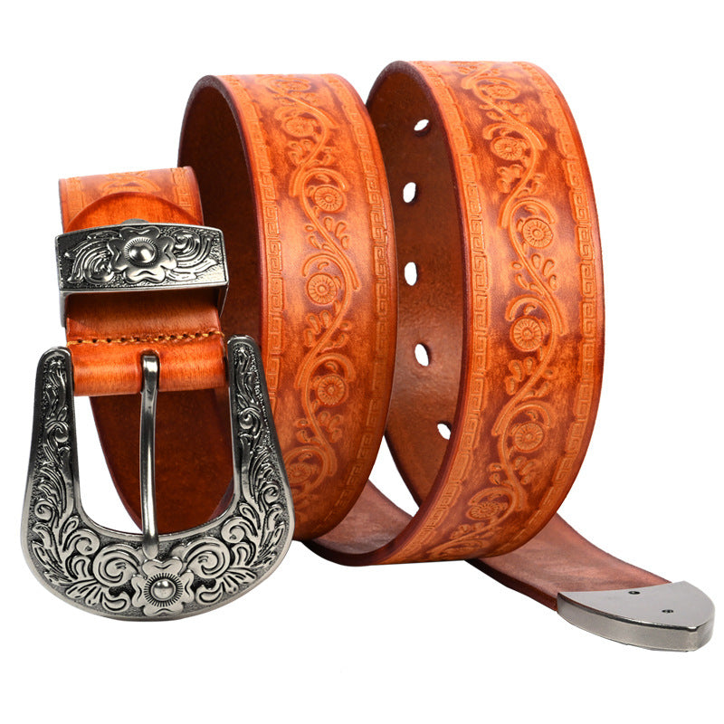 Embossed First Layer Cowhide Men's Mongolian Style Personalized Carved Belt Lucky Flower Yellow