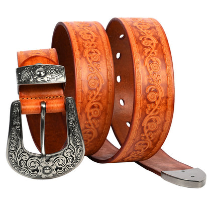 Embossed First Layer Cowhide Men's Mongolian Style Personalized Carved Belt Lucky Flower Yellow