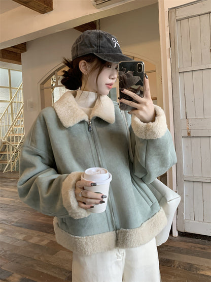 Korean-style Lamb Wool And Fur Coat Light Blue