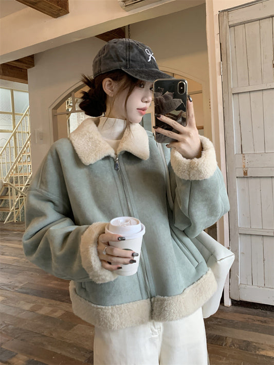 Korean-style Lamb Wool And Fur Coat Light Blue