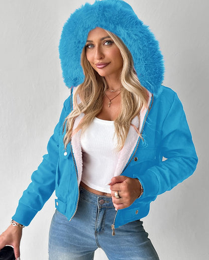 Casual Fashion Hooded Jacket With Furry Lining Peacock Blue