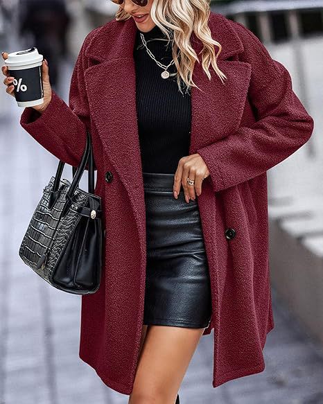 Fashion Button Pocket Long Sleeve Plush Women's Coat Wine Red