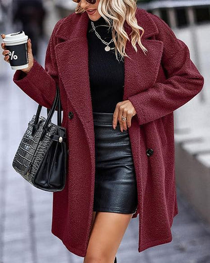 Fashion Button Pocket Long Sleeve Plush Women's Coat Wine Red