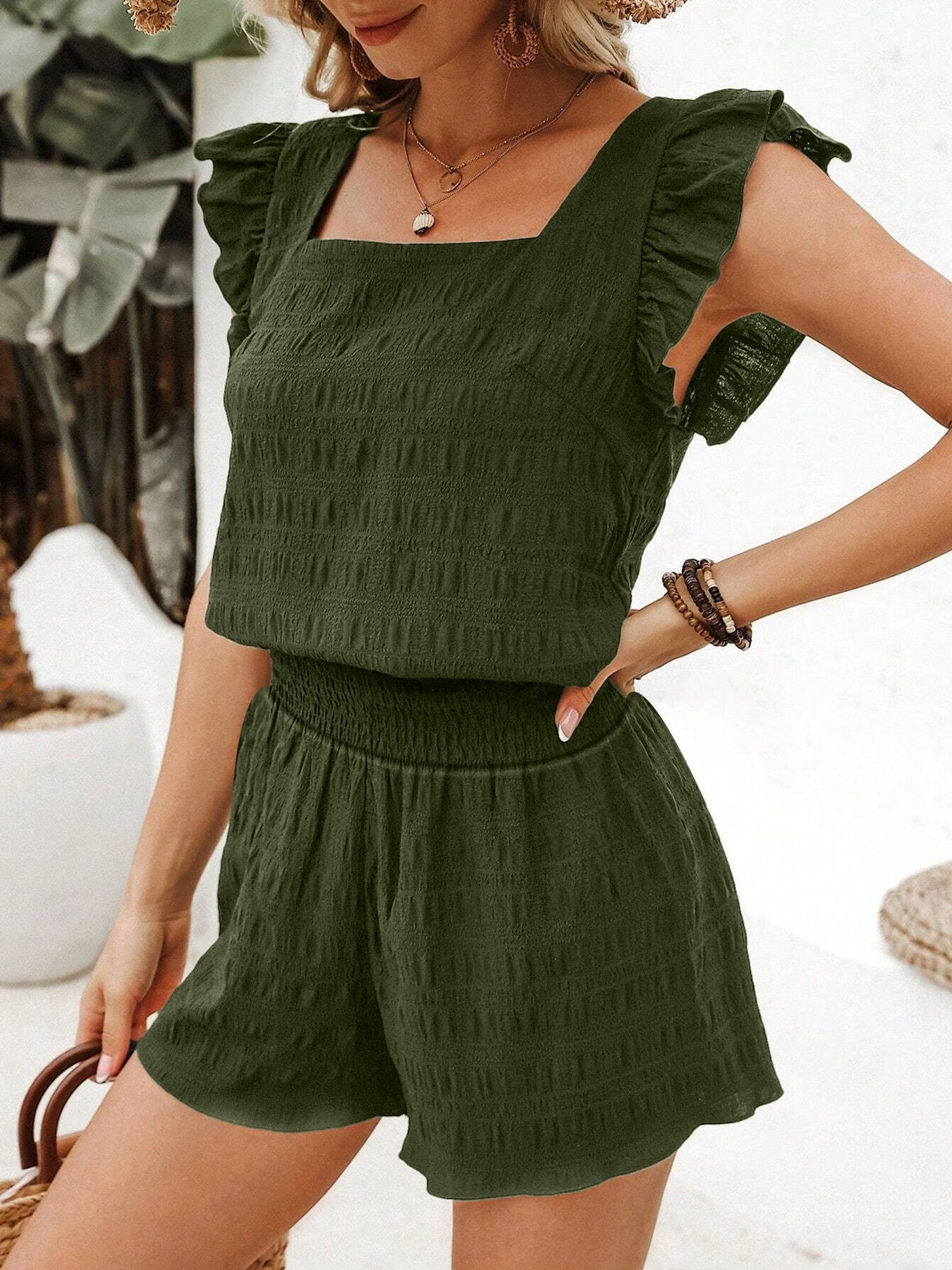 Square Neck Ruffled Casual Shorts Set For Women Olive Green