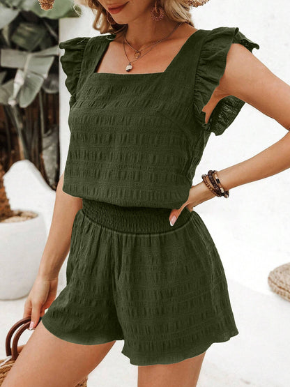 Square Neck Ruffled Casual Shorts Set For Women Olive Green