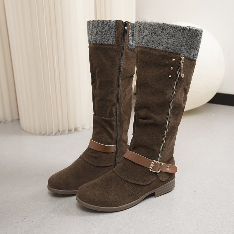 Plus Size Long Tube Women's Boots Chunky Heel Side Zip Wool Stitching Brown