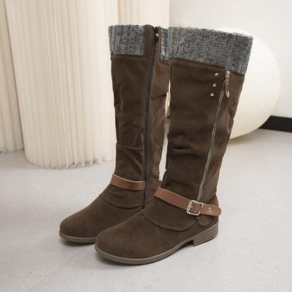 Plus Size Long Tube Women's Boots Chunky Heel Side Zip Wool Stitching Brown